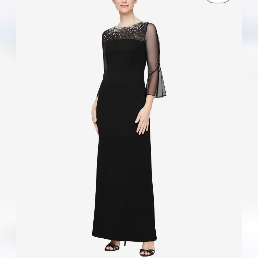 Alex Evenings Black Maxi Dress with Embellished Neckline